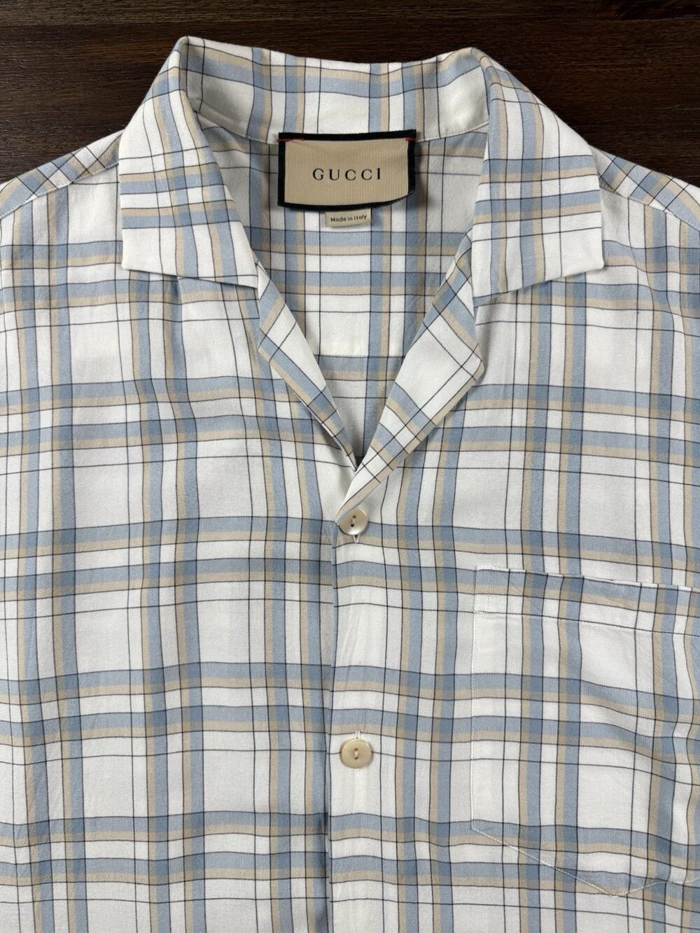 GUCCI Shirt Men’s 48 Blue White Short Sleeve Plaid